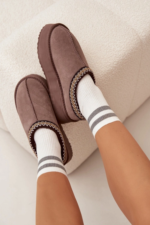 Niskie Zamszowe Śniegowce Damskie Z Haftem Na Platformie Vinceza 97960 Brązowe