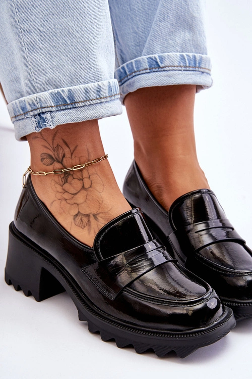 Lakierowane Czółenka Mokasyny Na Obcasie Czarne Jay