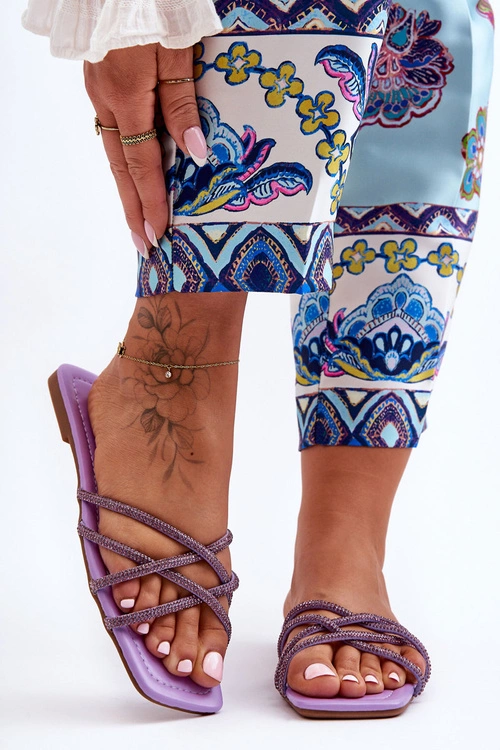 Damskie Klapki Z Paseczkami I Dżetami Fioletowe Leomi