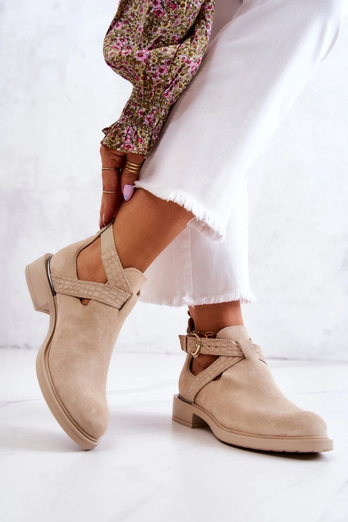 Damskie Skórzane Botki Z Wycięciem Jasnobeżowe Ramos