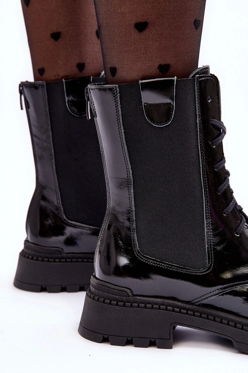 Skórzane Damskie Botki Workery Sznurowane Czarne Nicole 2836