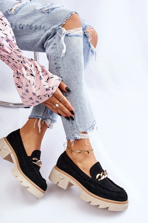 Damskie Półbuty Mokasyny Z Łańcuchem Czarne Luella