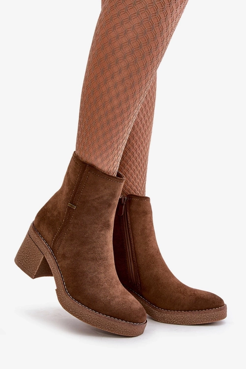 Botki Damskie Na Słupku Ocieplane Eko Zamszowe Brązowe Arkesia