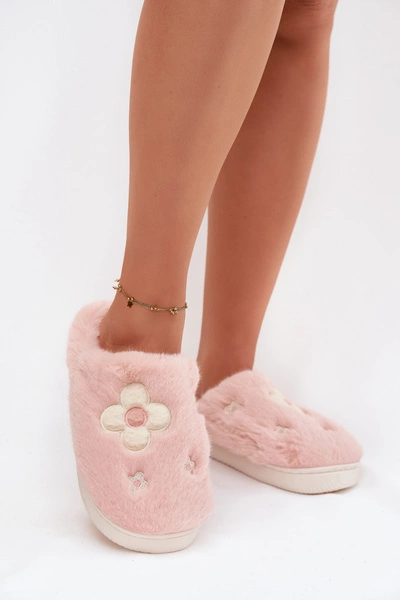 Futrzane Kapcie Z Kwiatuszkami Różowe Selinne