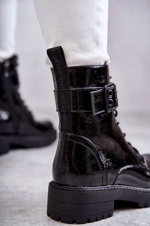 Damskie Botki Lakierowane Sznurowane Na Płaskim Obcasie Czarne Firmina