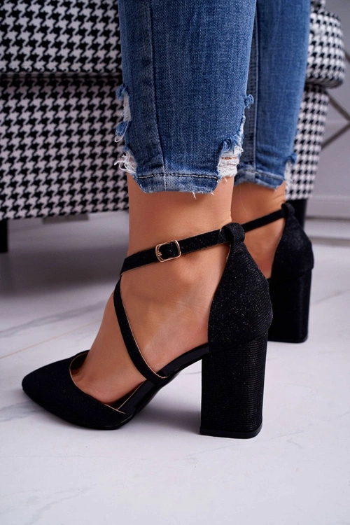 Czółenka Damskie Na Słupku Brokatowe Czarne Perset