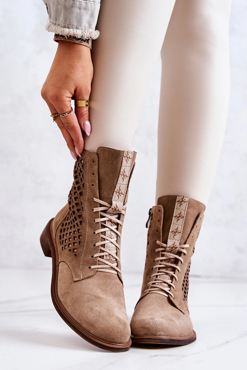 Ażurowe Zamszowe Botki Wiązane Nicole Beżowe 2696
