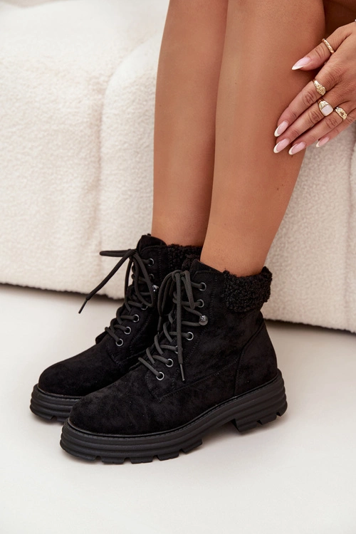 Ocieplane Trapery Botki Damskie Sznurowane Czarne Lyrinne