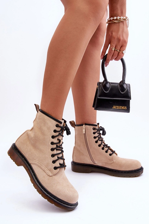 Zamszowe Botki Workery Na Płaskim Obcasie Beżowe Asteoris