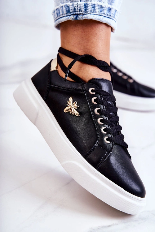 Skórzane Buty Sportowe Z Ozdobą Czarne Calerie