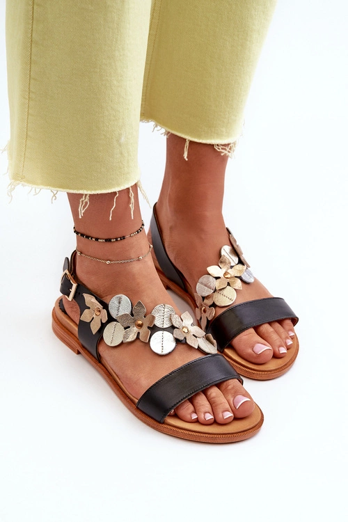 Skórzane Sandały Damskie Ozdobione Kwiatkami Laura Messi 2762 Czarne