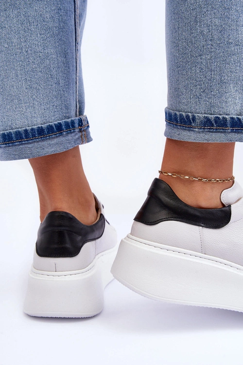 Damskie Buty Sportowe Skórzane na Platformie Biało-Czarne Lemar 10150