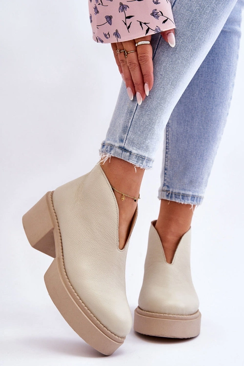 Skórzane Botki Na Masywnym Obcasie Nicole 2795/054 Jasnobeżowe