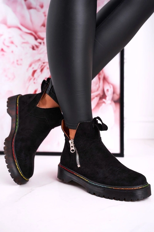 Damskie Botki Sztyblety Z Kolorowym Przeszyciem Zamszowe Czarne Addison