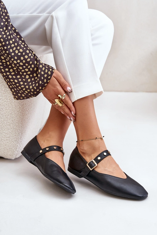 Eko Skórzane Baleriny Z Paskiem Czarne Alcionora