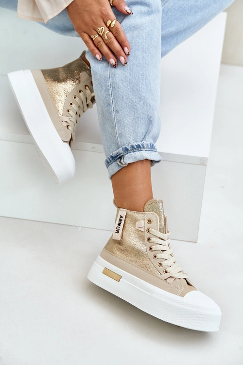 Damskie Wysokie Trampki Na Platformie Beżowo-Złote Averira