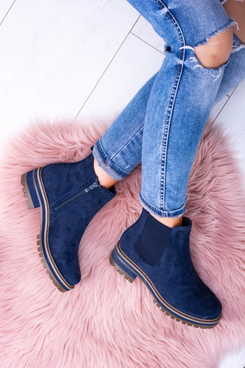 Granatowe Damskie Botki Sztyblety Płaski Obcas Gravis