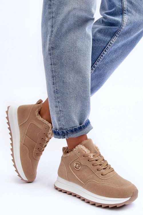 Ocieplane Skórzane Buty Sportowe Na Platformie Ciemnobeżowe Adite