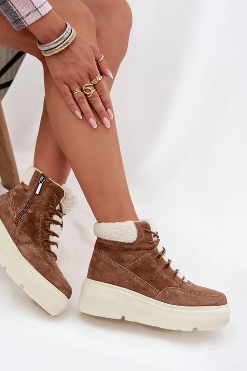 Zamszowe Śniegowce Damskie Z Kożuszkiem Na Platformie Vinceza 95354 Camel