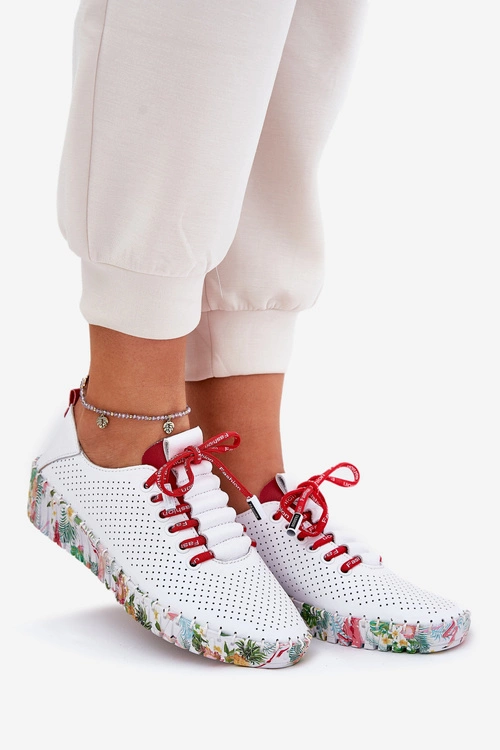 Skórzane Półbuty Na Wzorzystej Platformie Artiker 54C1567 Biało-Czerwone