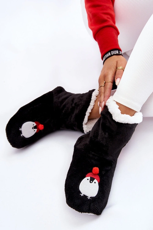 Damskie Wsuwane Ocieplane Papcie Z Pingwinami Czarne
