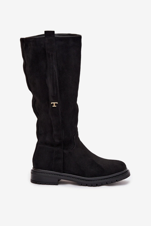 Kozaki Damskie Ocieplane Na płaskim Obcasie Eko Zamszowe Czarne Delyssa