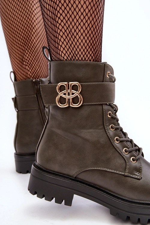 Botki Workery Damskie Na Suwak Z Ozdobą Ciemnozielone Ciossava