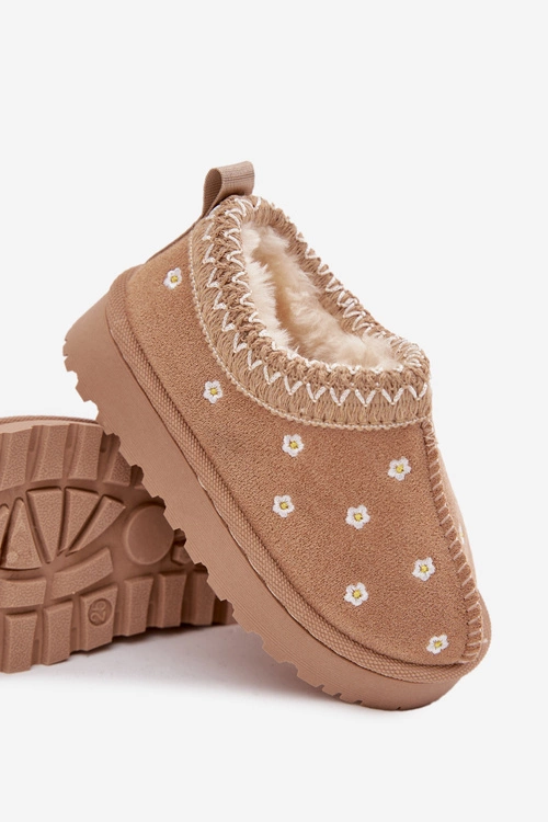 Śniegowce Dziecięce Z Kwiatuszkami Ocieplane Futerkiem Beżowe Palina