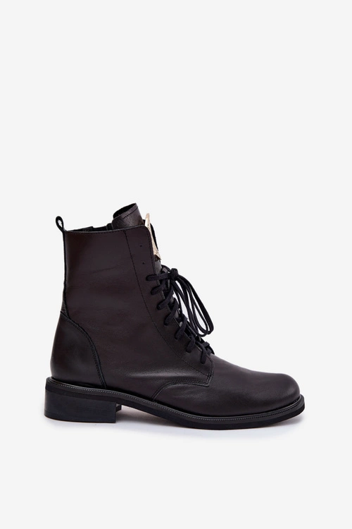 Skórzane Botki Damskie Na Płaskim Obcasie Ze Złotym Detalem Zazoo 3084 Czarne