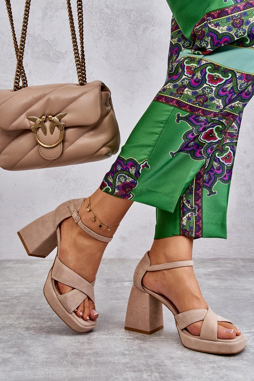 Damskie Zamszowe Sandały Na Obcasie Lewski Shoes 3221 Beżowe