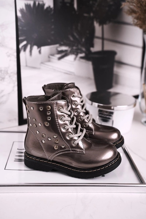 Dziecięce Ocieplane Botki z Dżetami Lakierowane Szare Fame