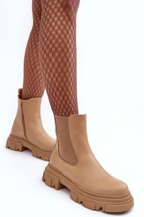 Skórzane Botki Sztyblety Na Płaskim Obcasie i Platformie Beżowe Solita