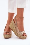 Skórzane Sandały Damskie Na Koturnie Z Plecionką Laura Messi 2789 Złote