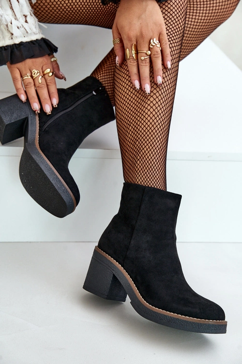 Botki Na Obcasie Słupku Eko Zamszowe Ocieplane Na Zamek Czarne Lerallea