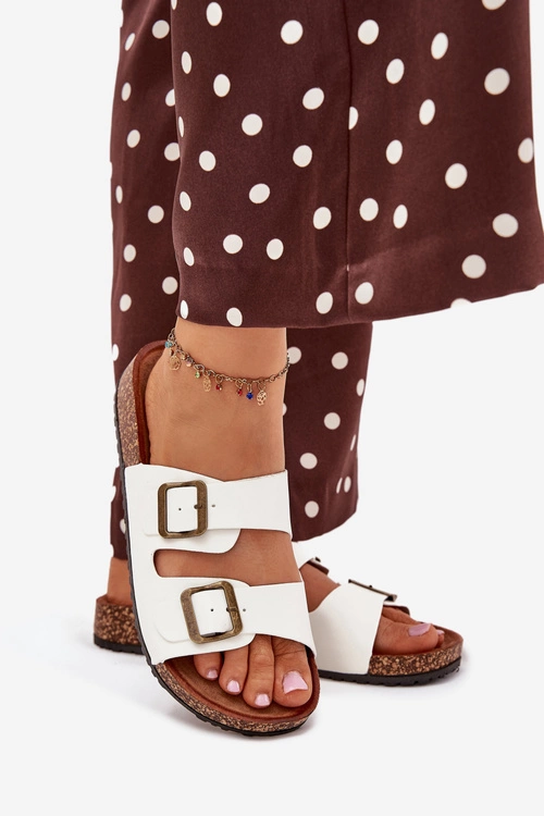 Damskie Klapki Na Korkowej Platformie Z Klamrami Białe Vesina