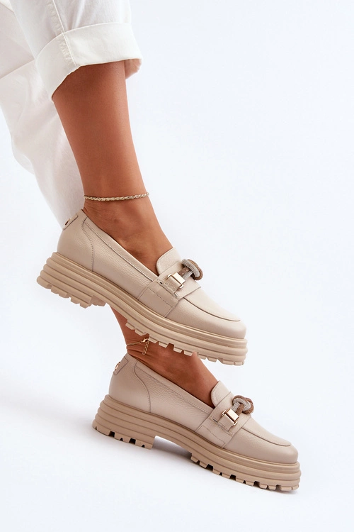 Skórzane Mokasyny Damskie Z Ozdobą Laura Messi 2780 Beżowe