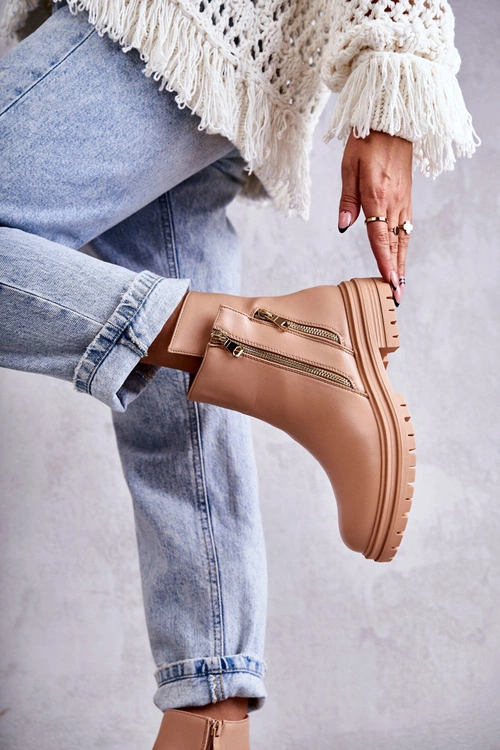 Damskie Skórzane Botki Na Suwak Beżowe Navarra