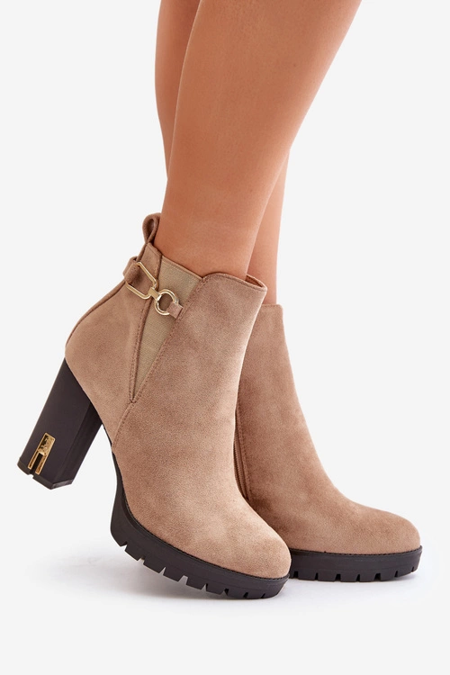 Ocieplane Botki Damskie Na Wysokim Obcasie Słupku Beżowe Terisanna