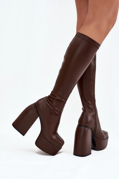 Kozaki Damskie Na Słupku I Platformie Czekoladowe Yavira