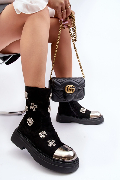 Zamszowe Ocieplane Botki Z Ozdobami D&A MR870-14 Czarne