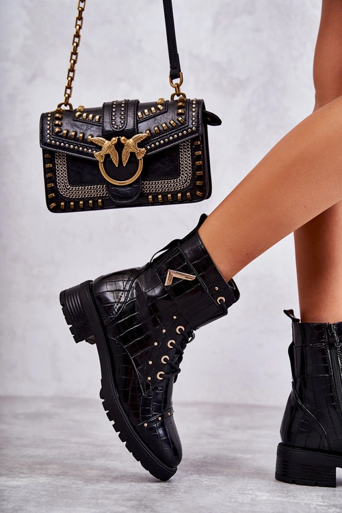 Ocieplane Skórzane Wężowe Botki Czarne Colira