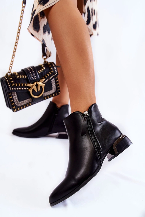 Damskie Skórzane Ocieplane Botki Czarne Laufey