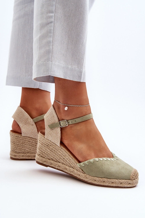 Zamszowe Sandały Espadryle Na Koturnie Z Plecionką Zielone Raylin