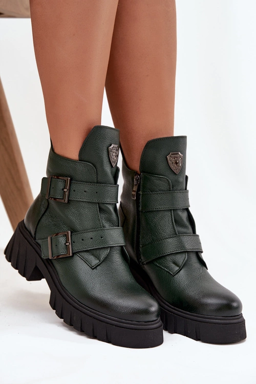 Skórzane Ocieplane Botki Damskie Z Klamrami I Ozdobnym Detalem Zazoo 60482 Ciemnozielone