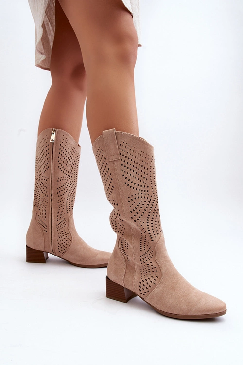 Ażurowe Kozaki Na Niskim Obcasie Beżowe Walea