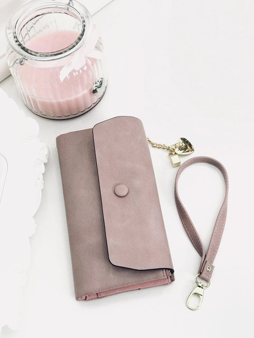 Duży Damski Portfel z Brelokiem Serduszko Pudrowy Róż