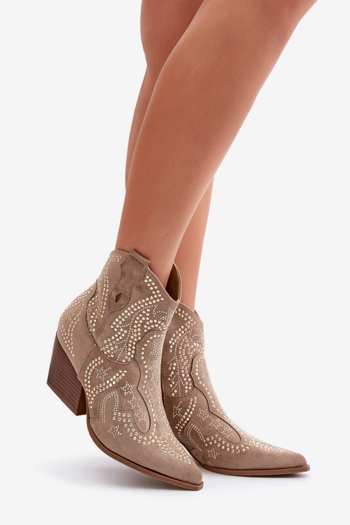 Zdobione Botki Kowbojki Na Obcasie Beżowe Kaivina