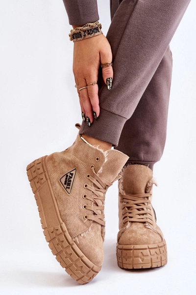 Wysokie Ocieplane Zamszowe Trampki Beżowe Evren