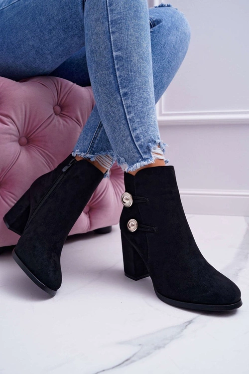 Botki Damskie Zamszowe na Słupku Czarne Barski 73-2