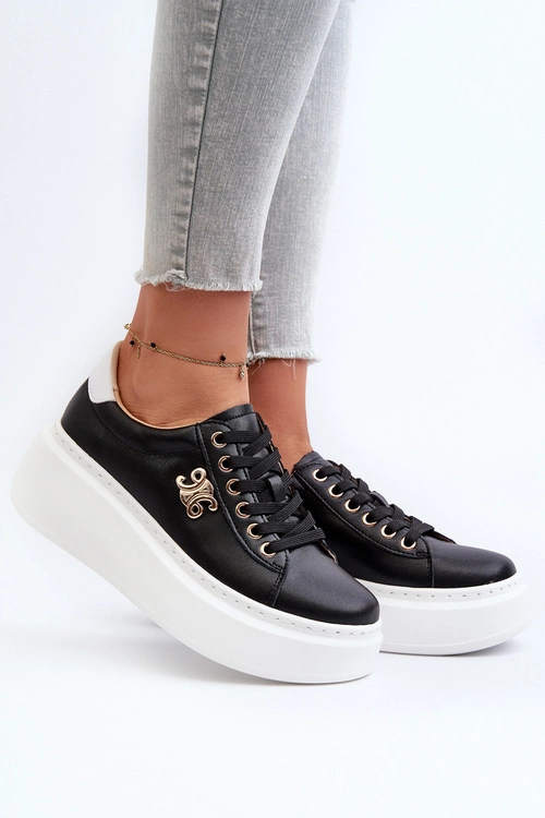 Skórzane Sneakersy Damskie Na Platformie Czarne Pernalia